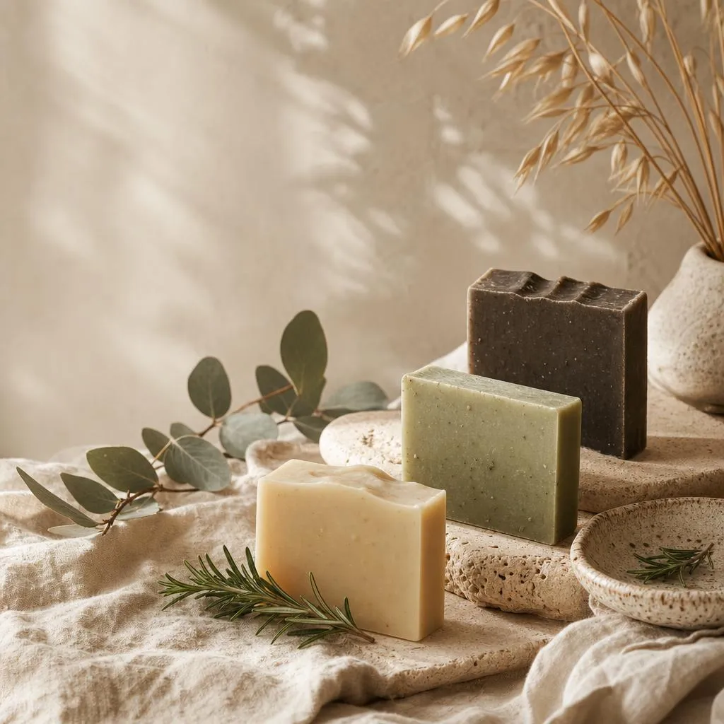 Natural soap bars arranged with botanicals on stone and linen